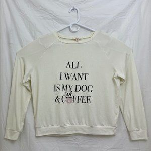 Cosmo Vintage Dog & Coffee Frenchie Long Sleeve Light Pullover Women M White